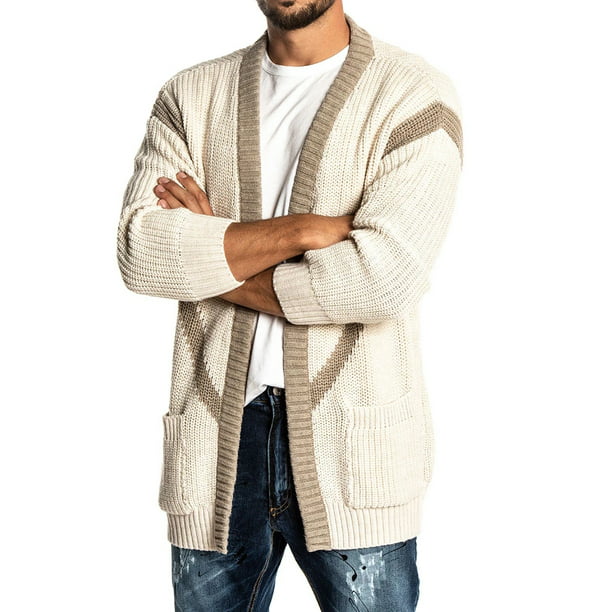 SELX Mens Ribbed Cable Zipper Print Open Front Cardigan Knit Sweater 